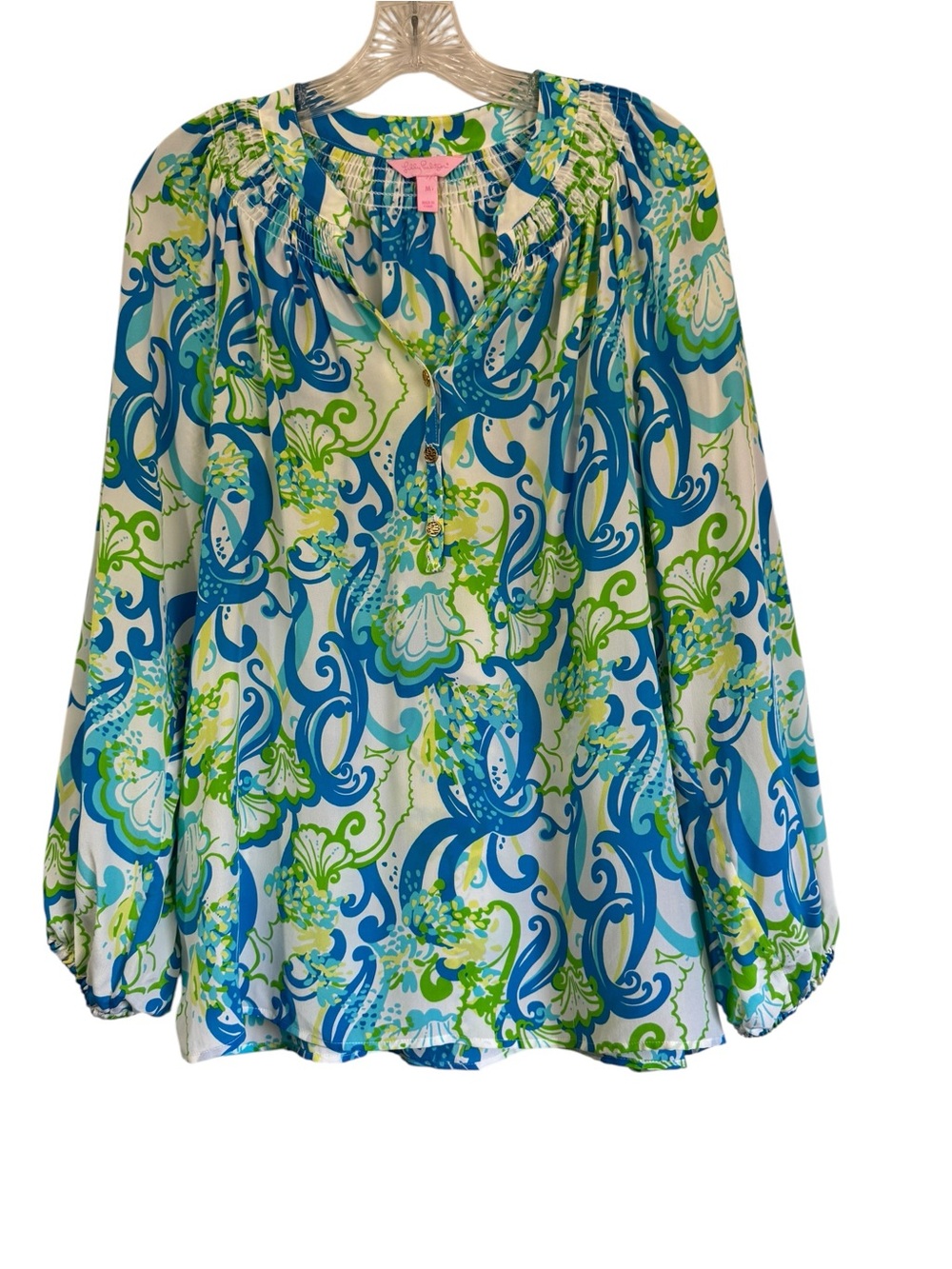 Lilly Pulitzer Elsa Silk Top Green Blue Floral Smocked Blouse Style 41773 Medium